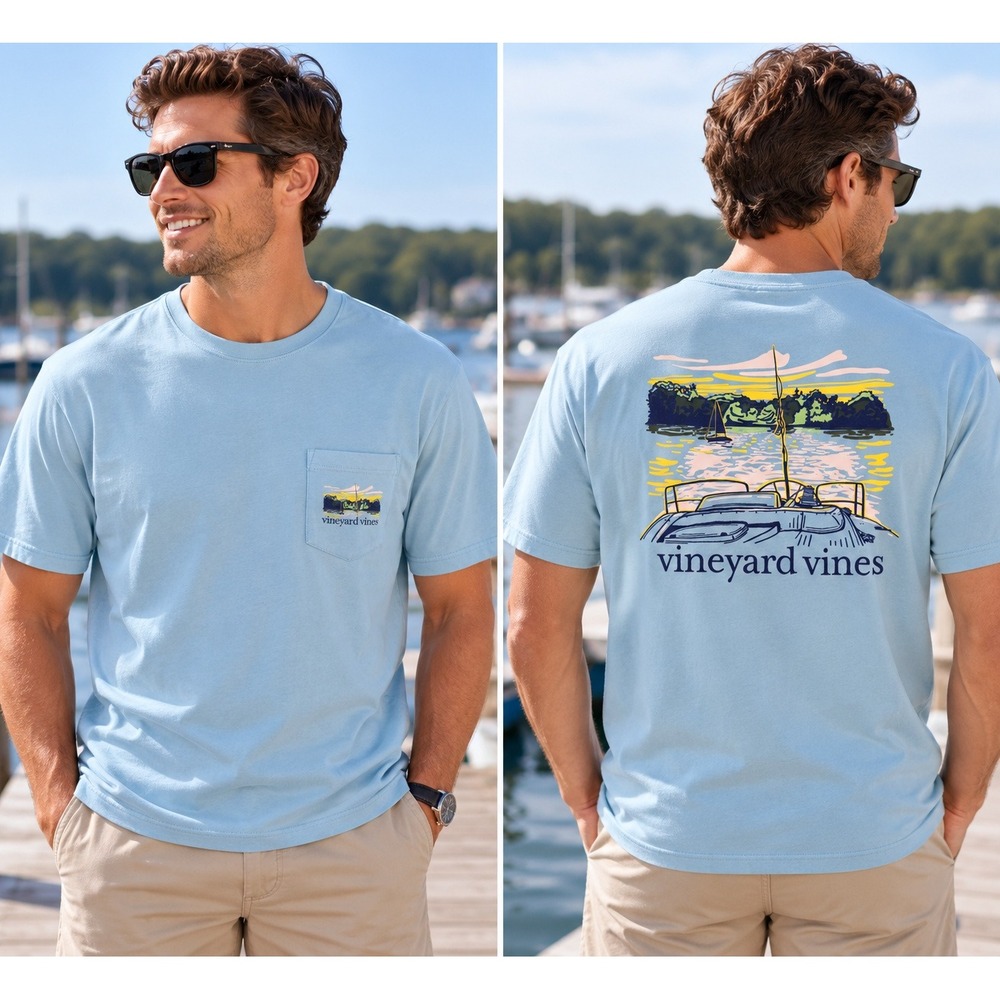 Vineyard Vines Mens Light Blue Nautical Boat Graphic Pocket T-Shirt Size Large